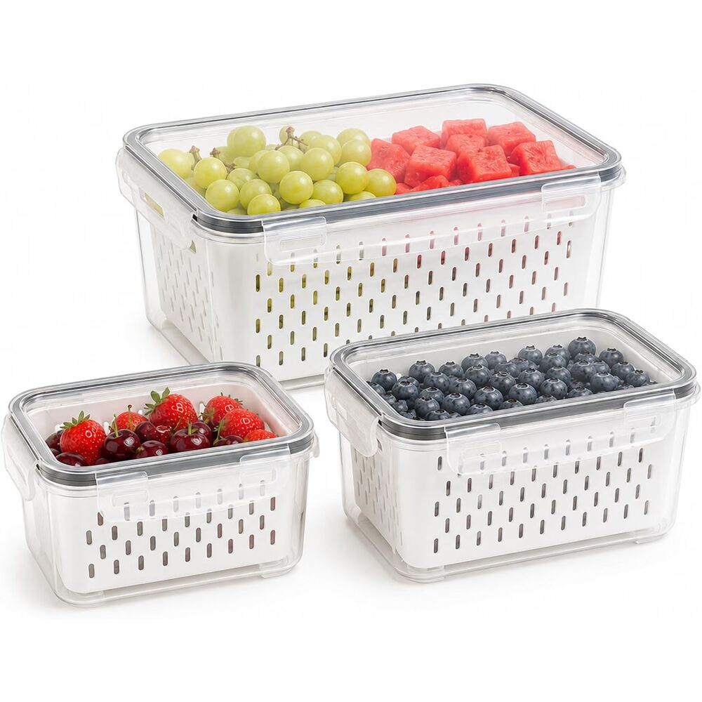 Refrigerator Produce Keeper Set 3 Sizes Drain Baskets Locking Lids Food Storage